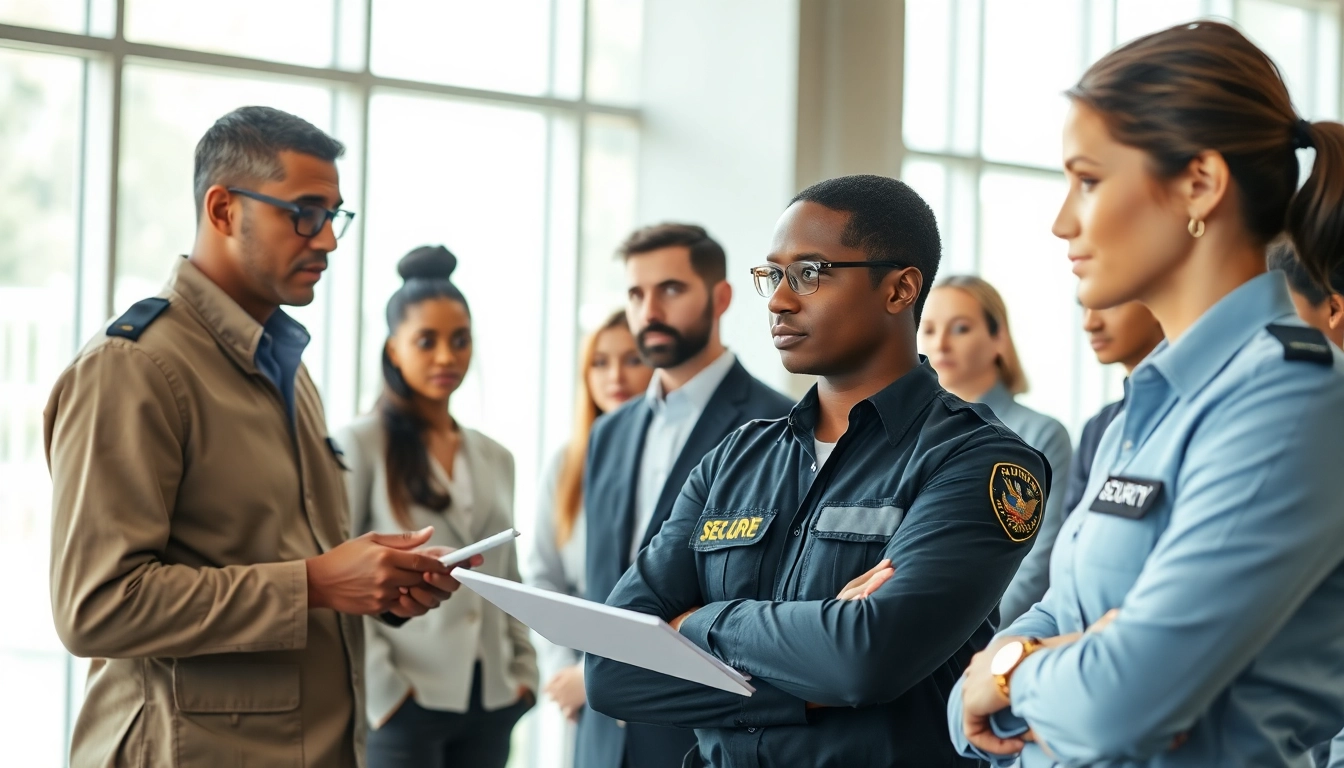 Security officer jobs illustrated through a team briefing in a corporate environment.