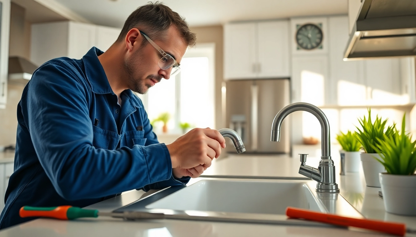 Expert plumbing services in Lacey Wa showing a plumber fixing a kitchen sink.
