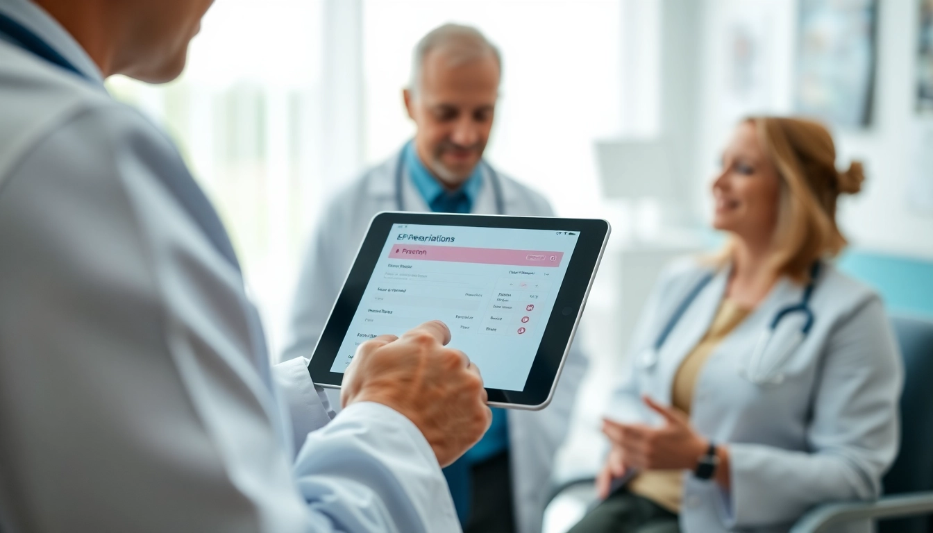 Reviewing eprescription app reviews on a tablet in a professional medical setting.