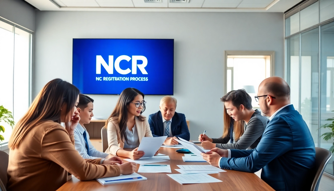 NCR Registration guidance in a professional office setting with clients and a consultant.