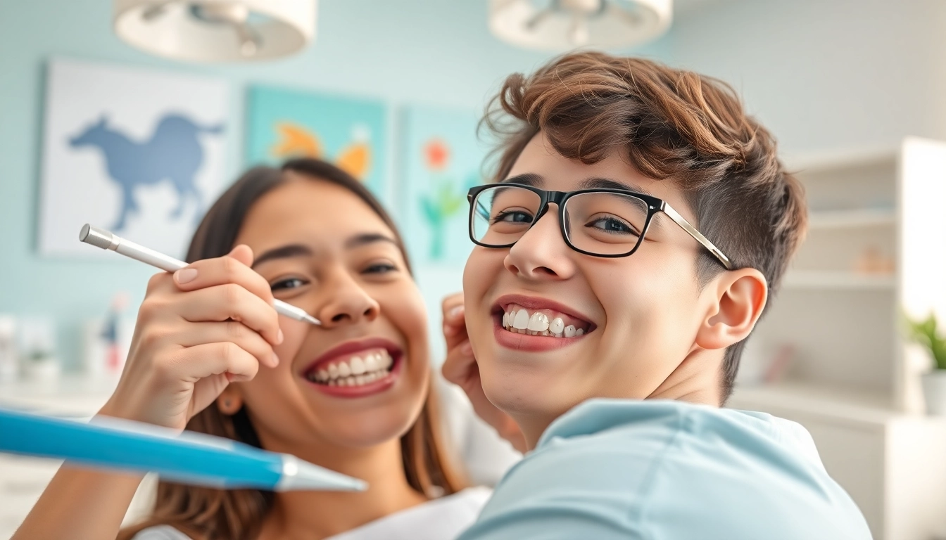Orthodontist fitting braces Myrtle Beach on a happy teen, showcasing a bright clinic atmosphere.