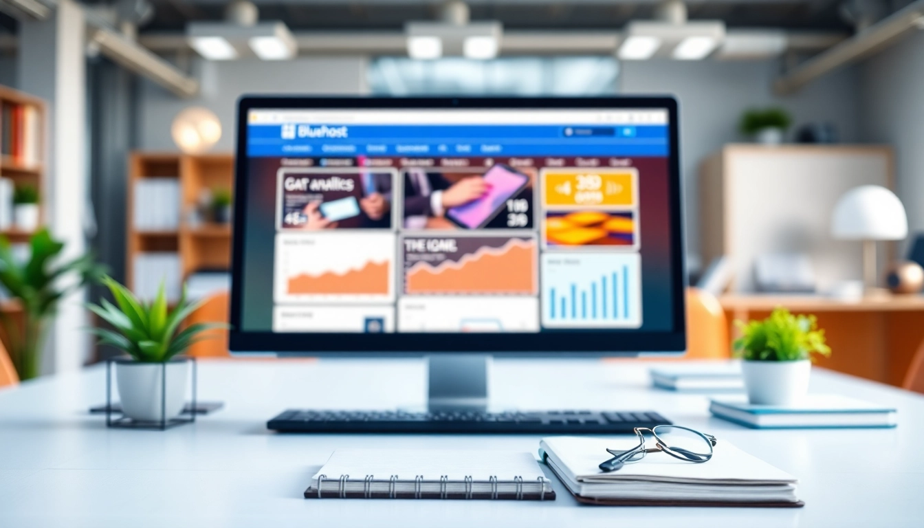 Boost your website with dynamic analytics displayed on a Bluehost-themed computer setup.